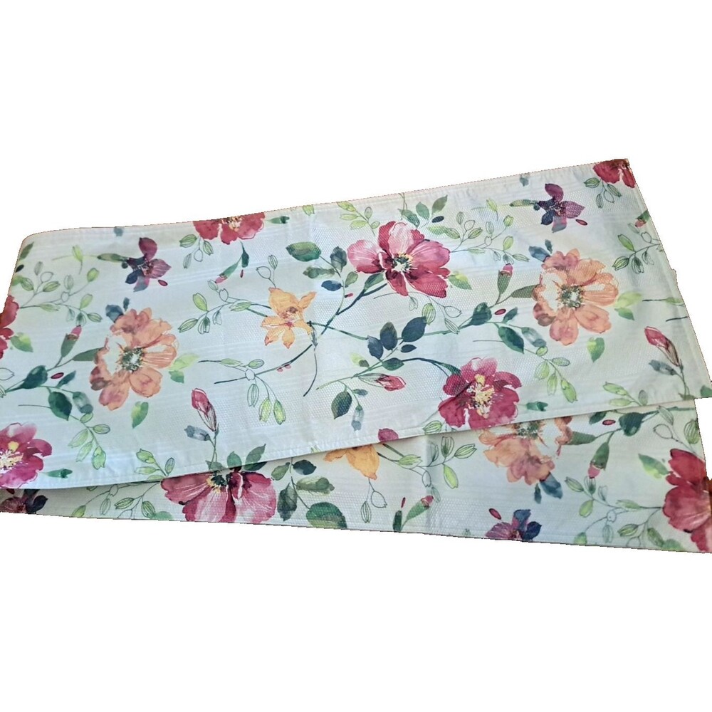 Floral Table Runner White Textured Striped Pink Orange Flowers Cottage 69x13